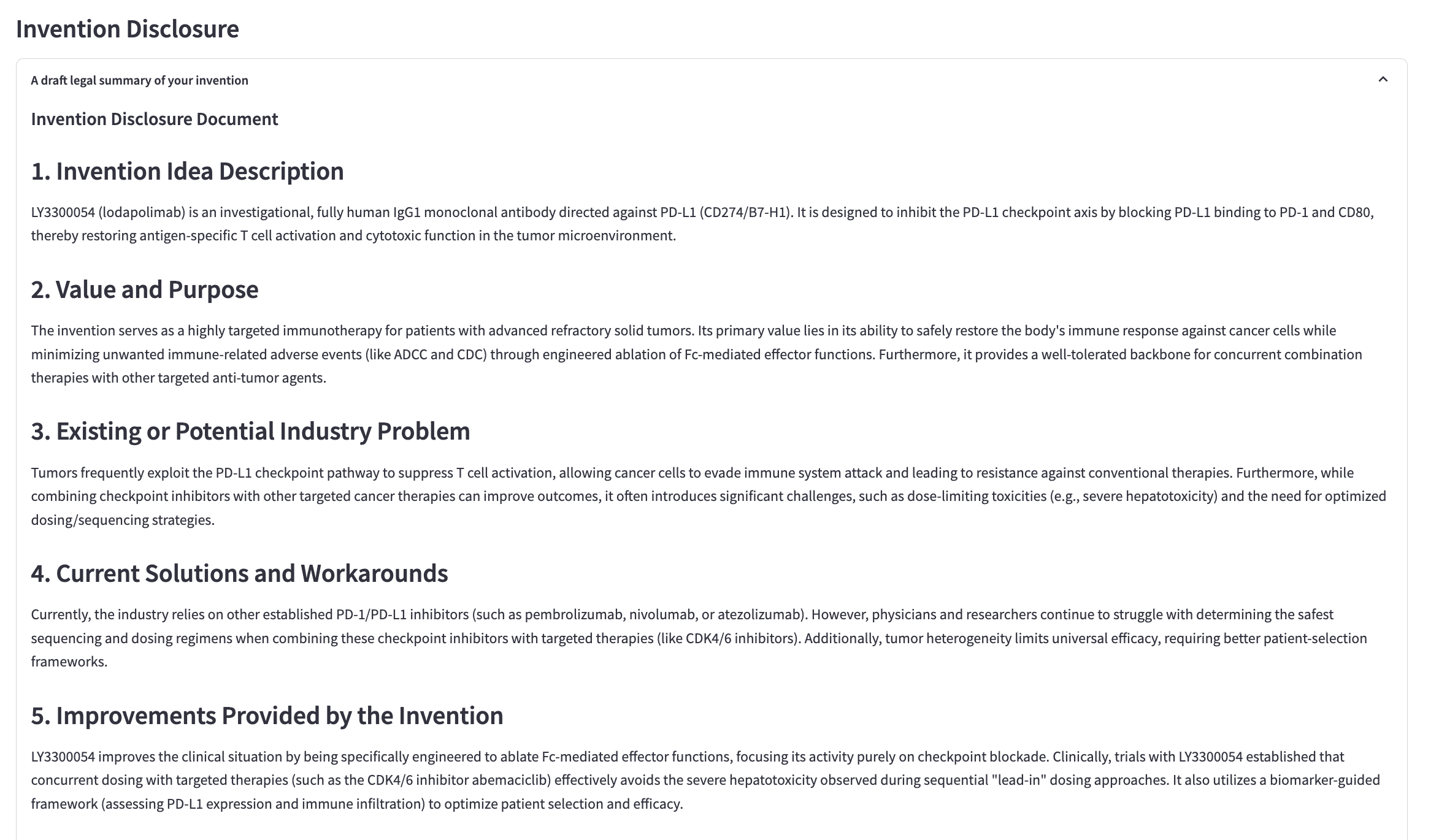 Screenshot of Paseo's Invention Disclosure Document showing a structured patent analysis brief