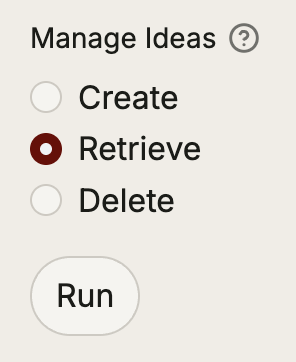 Screenshot of the Manage Ideas panel showing Create, Retrieve, and Delete radio options